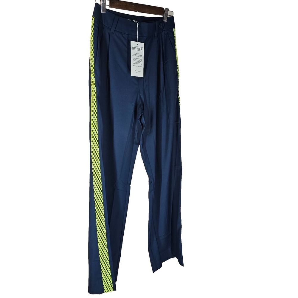 Wildfang Empower Colorblock Wide Leg Trouser Womens 4 Navy Neon Green Mesh Pants